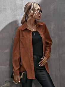 SHEIN LUNE Blusa de pana con dobladillo curvo y hombros caídos, manga larga