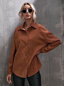 SHEIN LUNE Blusa de pana con dobladillo curvo y hombros caídos, manga larga