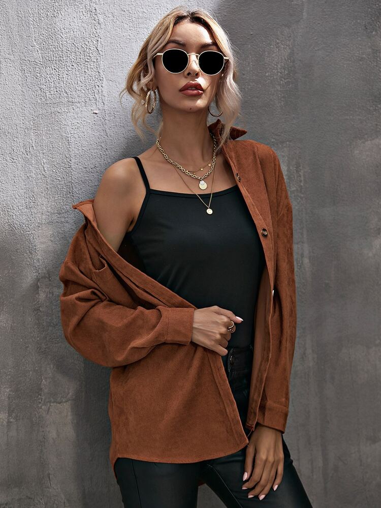Corduroy Curved Hem Drop Shoulder Blouse,Long Sleeve Tops Fall Cloth For Women