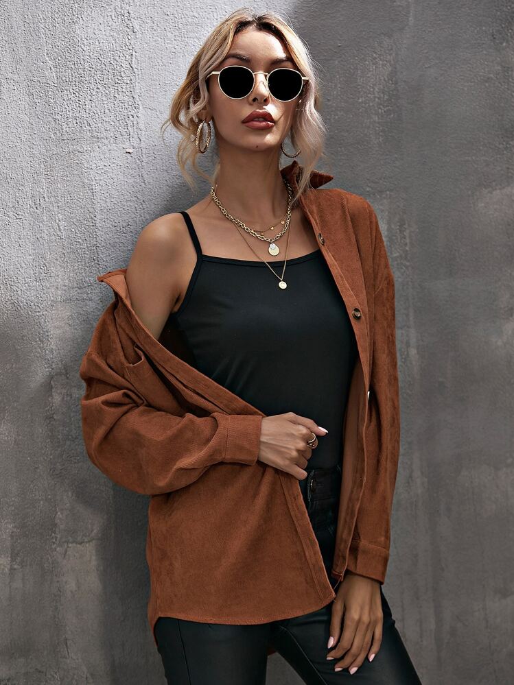 SHEIN LUNE Blusa de Ombro Caído com Bainha Curva em Veludo Cotelê, Blusas de Manga Longa - Castanho - Visão 8