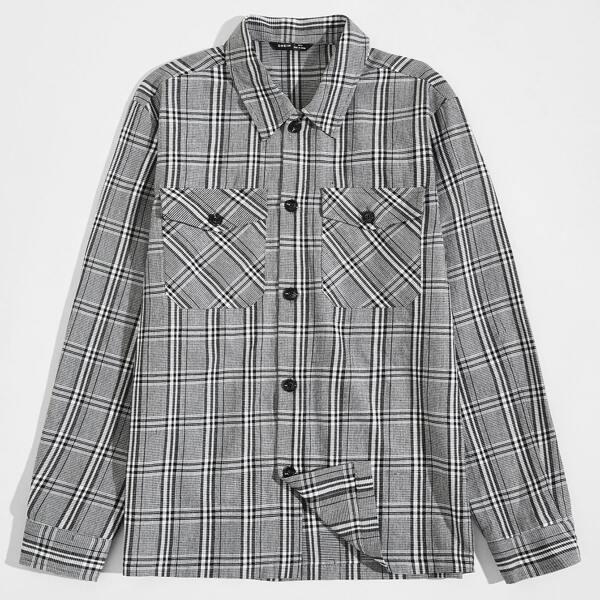 

Men Flap Pocket Plaid Shirt, Grey