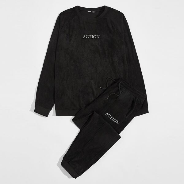 

Men Embroidery Letter Suede Pullover & Seam Front Joggers Set, Black