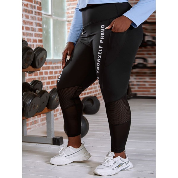 

Plus Letter Graphic Mesh Insert Sports Leggings, Black