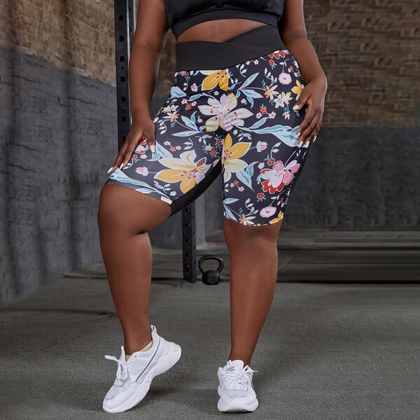 

Plus Floral Print Spliced Biker Shorts, Multicolor