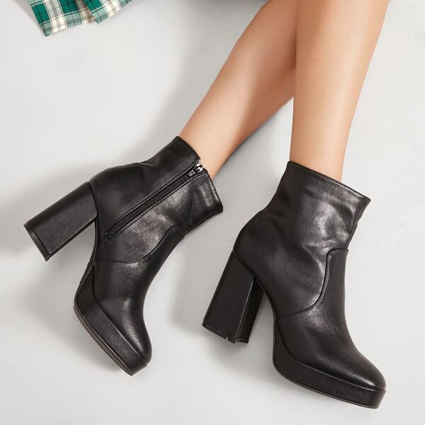 

Vegan Leather High Block Heel Platform Boots, Black