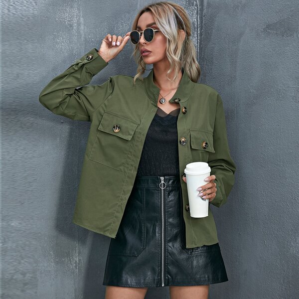 

Solid Button Through Flap Pocket Jacket, Army green