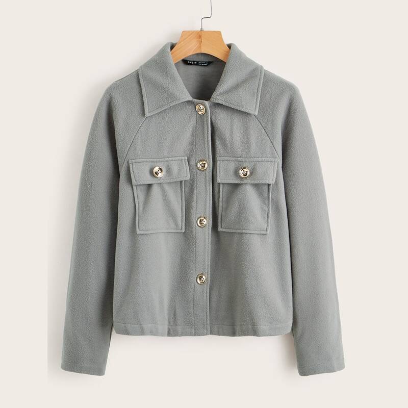 

Raglan Sleeve Flap Pocket Button Placket Jacket, Grey