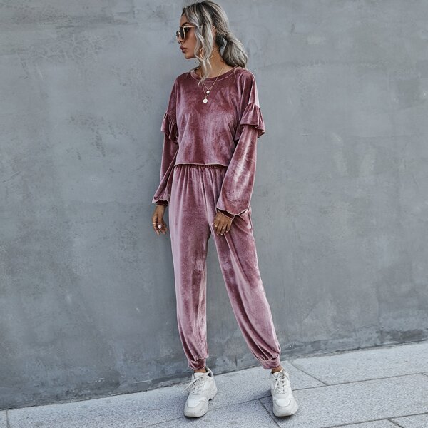 

Solid Ruffle Trim Velvet Top & Sweatpants, Dusty pink
