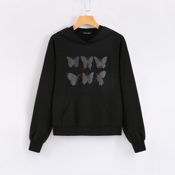 

Butterfly Print Kangaroo Pocket Hoodie, Black