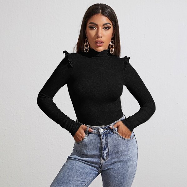 

Lettuce Edge Mock-neck Ruffle Trim Fitted Tee, Black