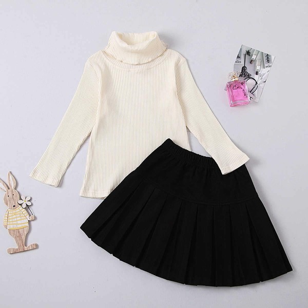 

Toddler Girls Turtleneck Rib-knit Tee With Pleated Skirt, Black and white