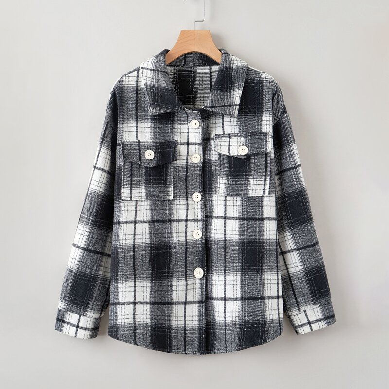 

Flap-Pocket Plaid Overshirt, Black and white