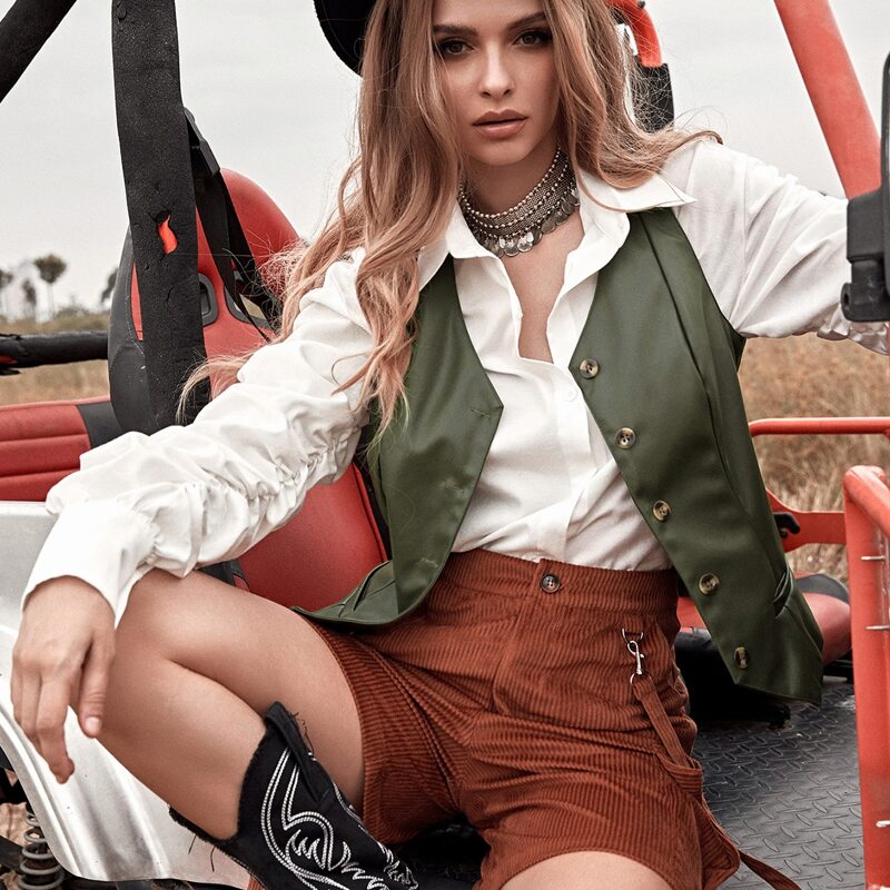 

Button Front Sleeveless PU Leather Jacket, Army green