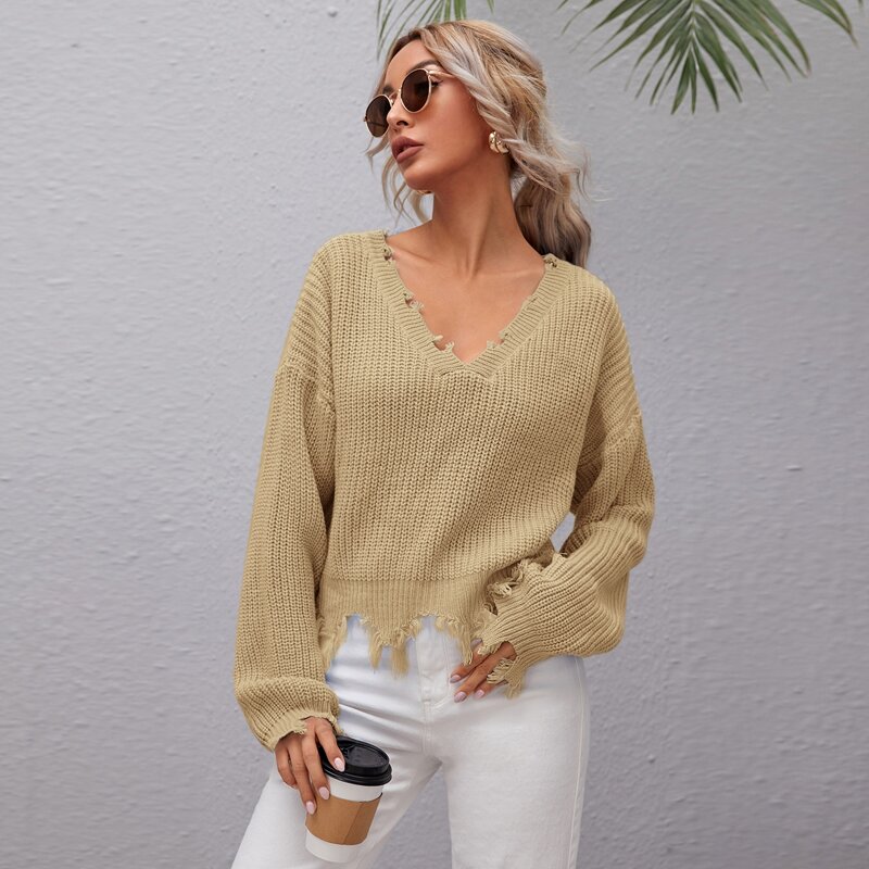 

Distressed Hem Rib-knit Sweater, Khaki
