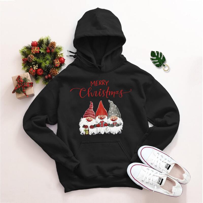 

Christmas Kangaroo Pocket Fleece Lined Drawstring Hoodie, Black