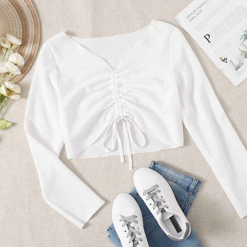 

Drawstring Front Crop Top, White