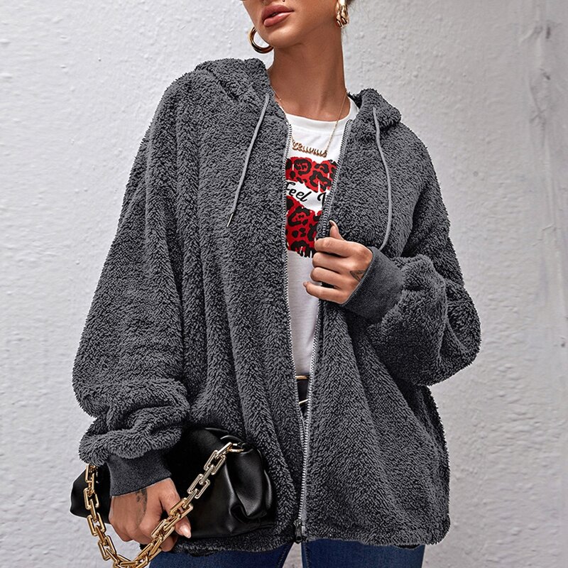 

Zip Up Drawstring Hooded Teddy Coat, Dark grey