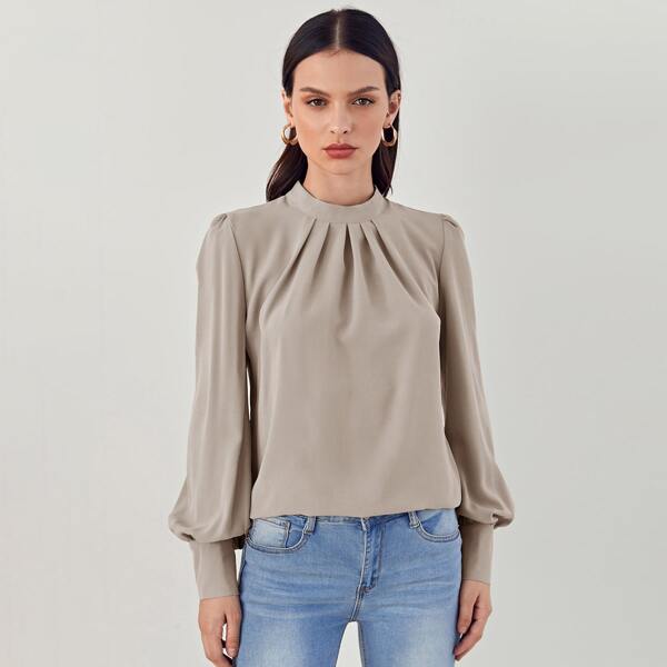 

Mock Neck Puff Sleeve Blouse, Grey