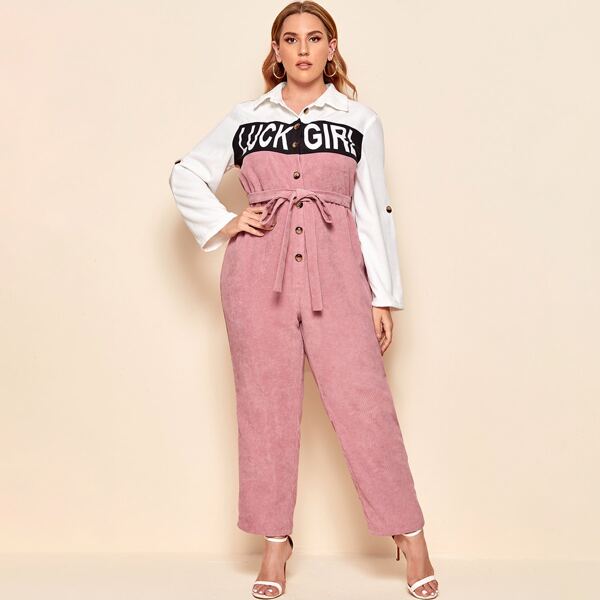 

Plus Letter Graphic Colorblock Belted Cord Shirt Jumpsuit, Dusty pink