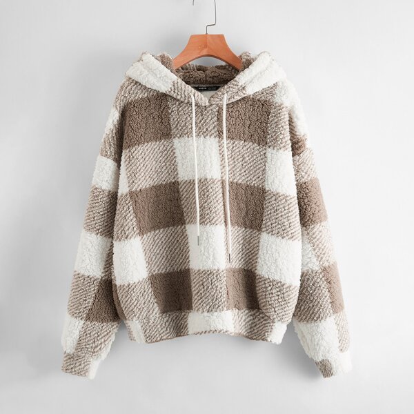

Plus Drawstring Detail Buffalo Plaid Teddy Hoodie, Multicolor