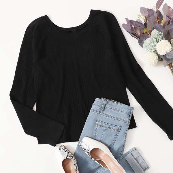 

Plus Raglan Sleeve Rib-knit Tee, Black