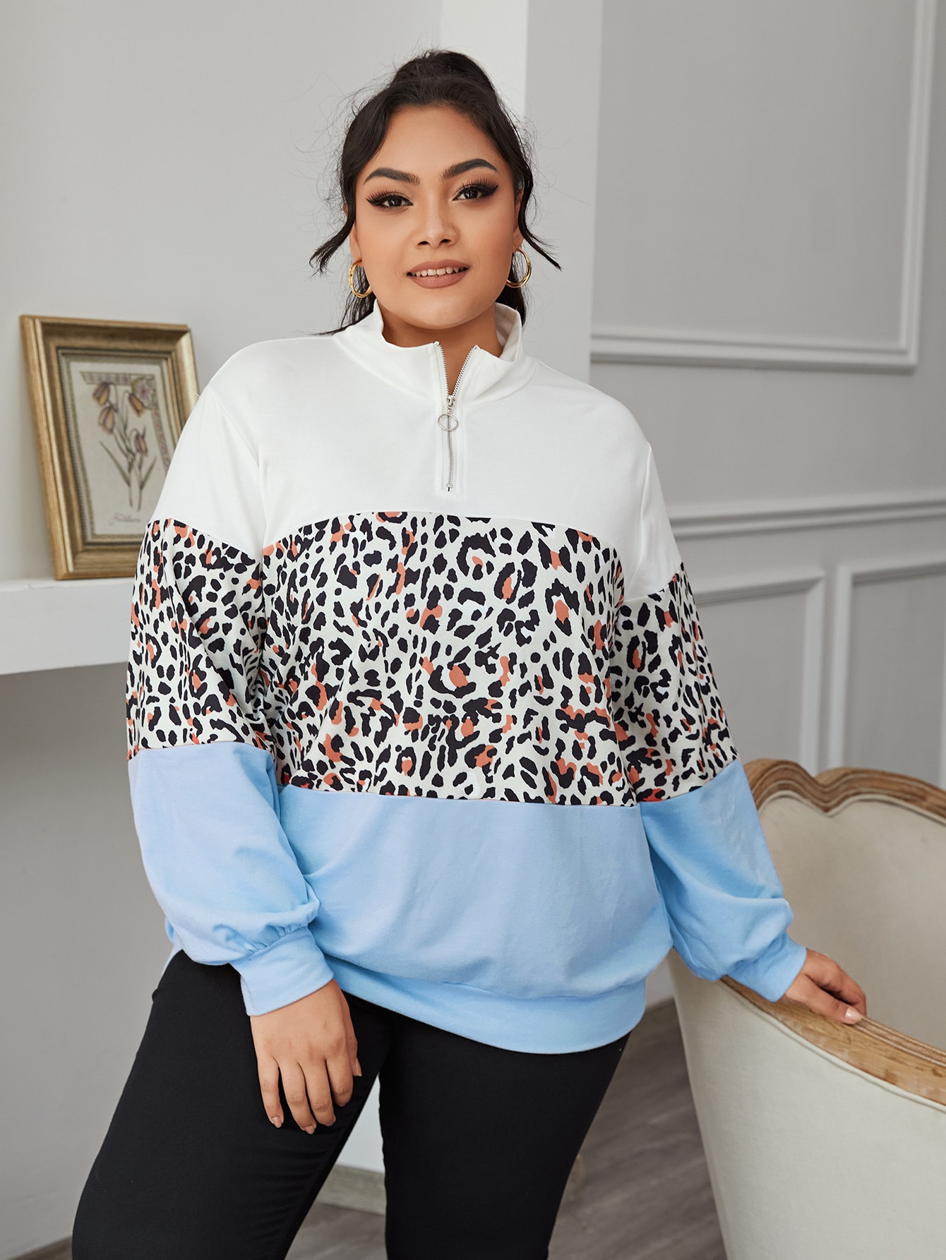 Plus Leopard Panel Colorblock Half Placket Pullover thumbnail
