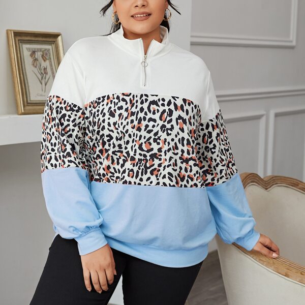 

Plus Leopard Panel Colorblock Half Placket Pullover, Multicolor