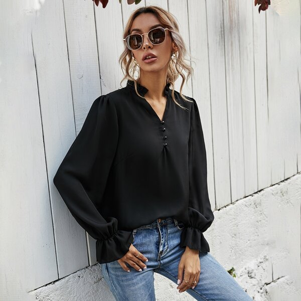 

Frill Notched Neck Button Blouse, Black