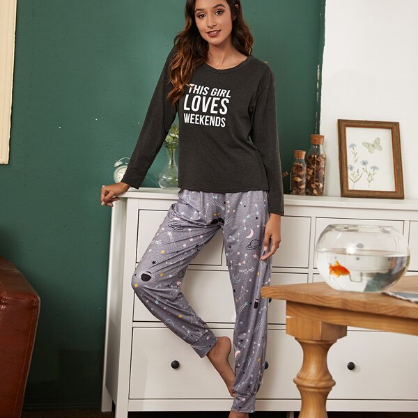 

Slogan Graphic Tee & Galaxy Pants Pajama Set, Multicolor