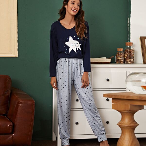 

Cartoon & Star Print Pajama Set, Multicolor