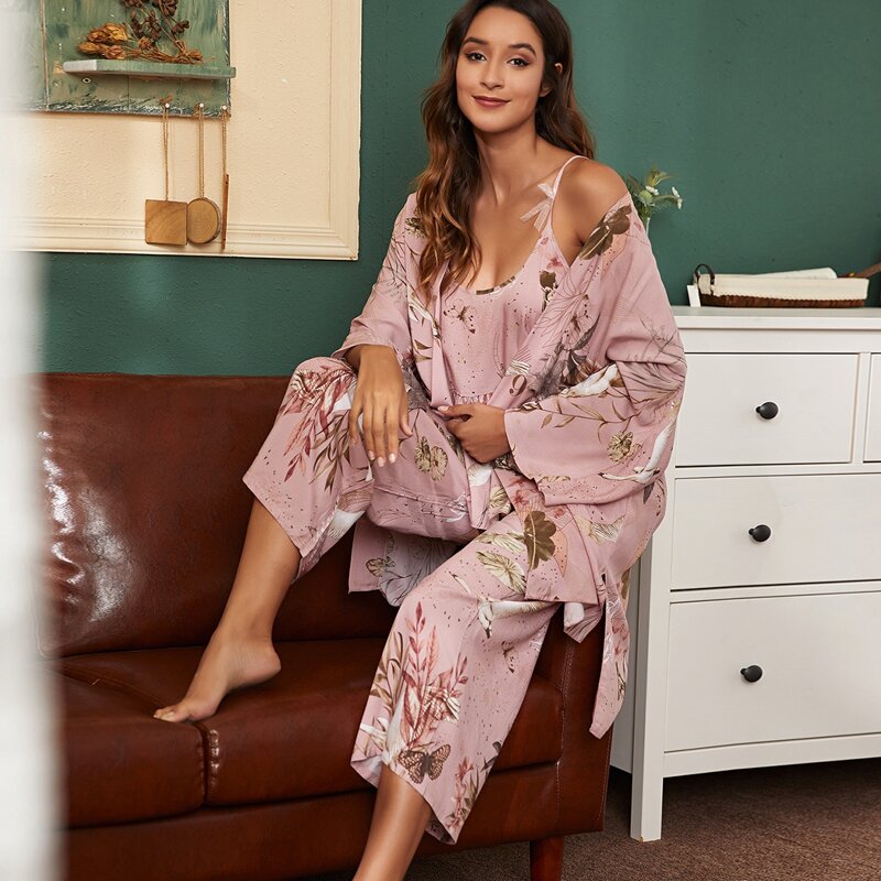 

3pcs Plants & Animal Print PJ Set & Robe, Dusty pink