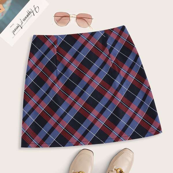 

Plaid Print Mini Straight Skirt, Multicolor