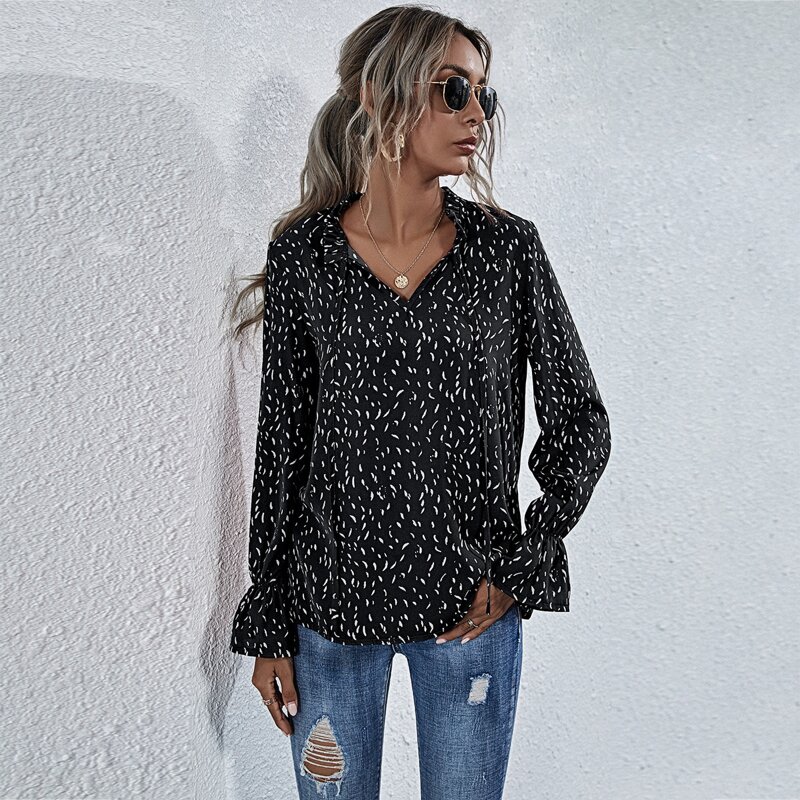 

Tie Neck Flounce Sleeve Allover Print Blouse, Black
