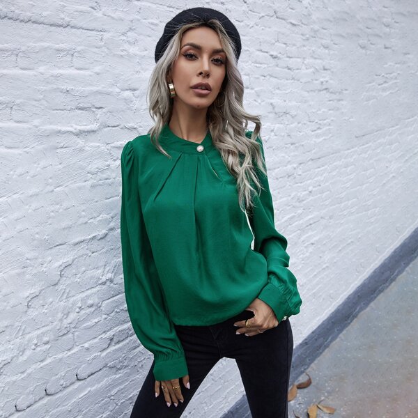 

Solid Pearls Detail Puff Sleeve Blouse, Dark green