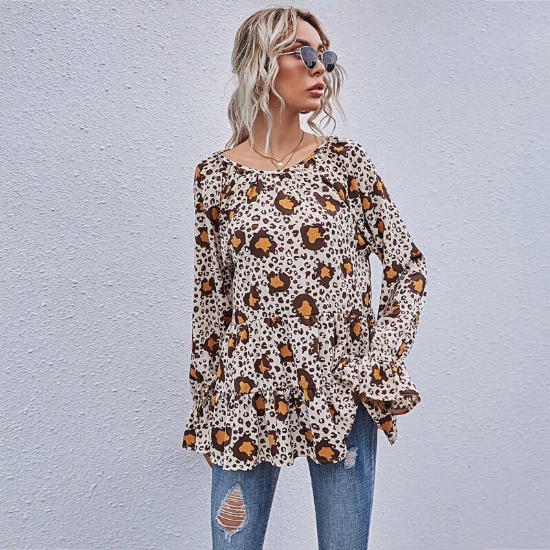 

Leopard Print Ruffle Hem Blouse, Multicolor
