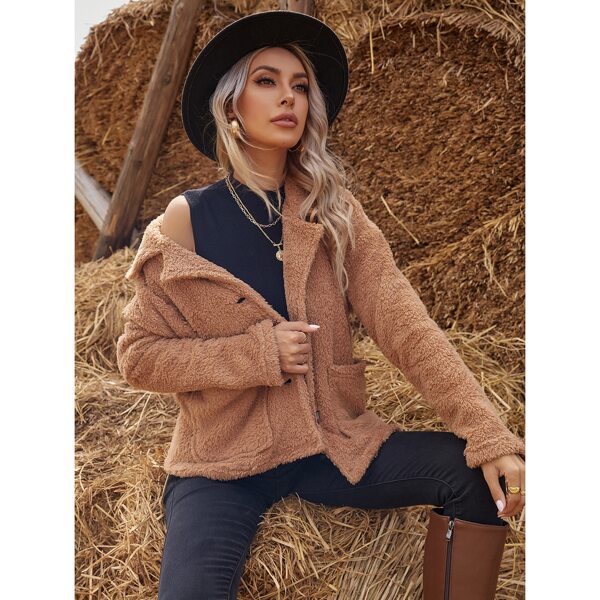 

Lapel Collar Dual Pockets Teddy Jacket, Khaki