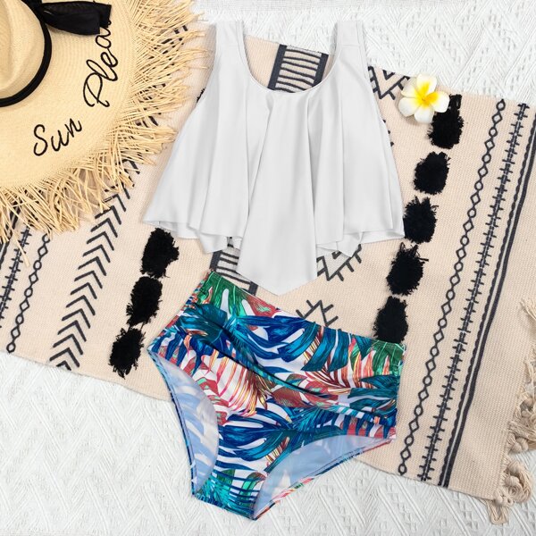 

Tropical Hanky Hem Ruched Bikini Swimsuit, Multicolor