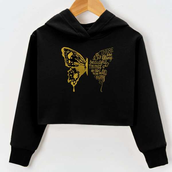 

Girls Slogan & Butterfly Print Crop Hoodie, Black