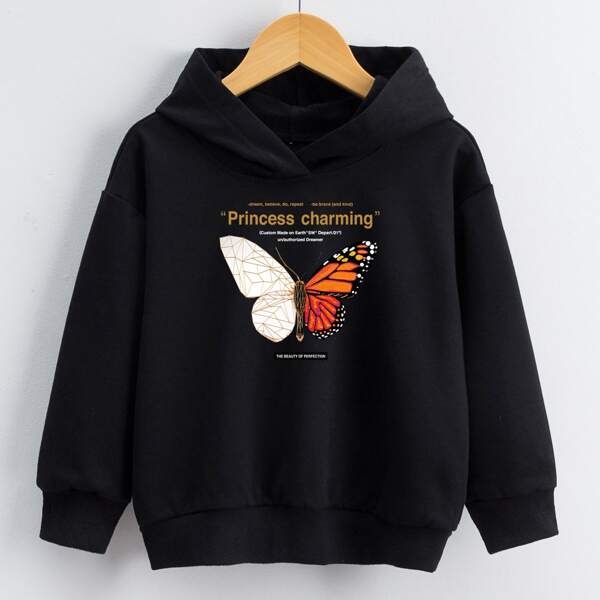 

Girls Butterfly & Slogan Graphic Hoodie, Black