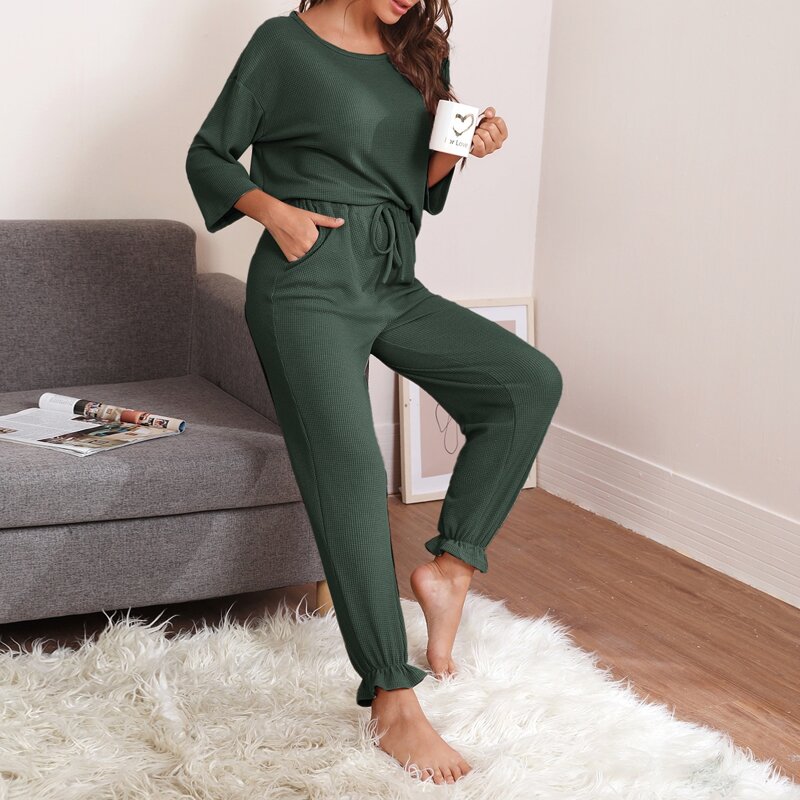 

Waffle Knit Drop Shoulder Lounge Set, Dark green