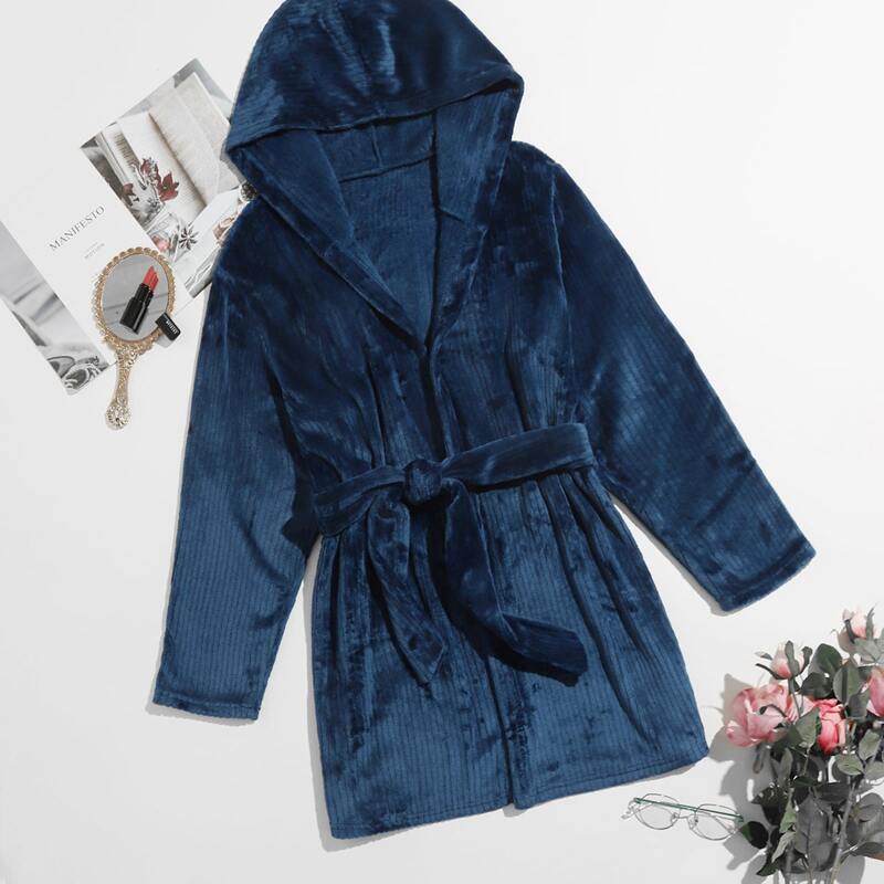 

Velvet Belted Hooded Night Robe, Navy blue