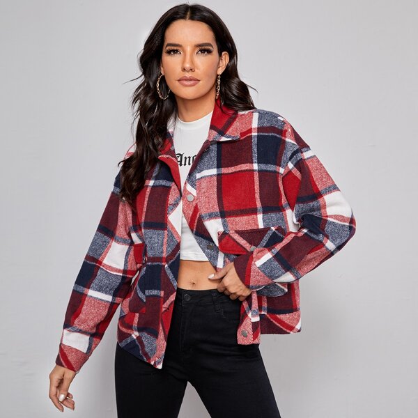 

Collared Single Breasted Pocket Patched Plaid Jacket, Multicolor