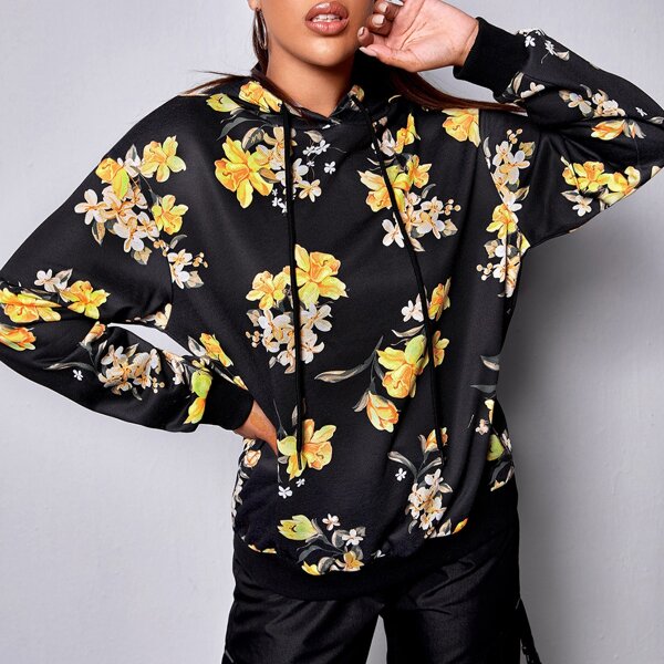 

Floral Print Drop Shoulder Hoodie, Black