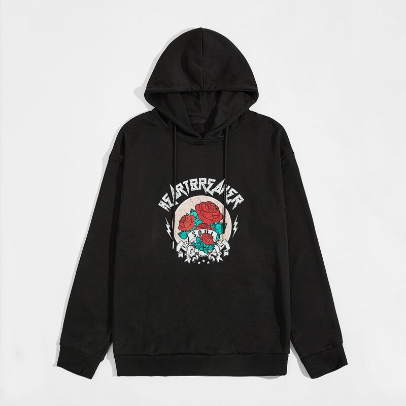 

Guys Floral & Letter Graphic Drawstring Hoodie, Black