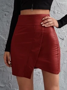 SHEIN Privé 寬腰帶圍裹不對稱PU皮革半身裙 - 酒紅色 - 查看 1