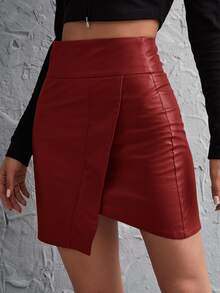 SHEIN Privé 寬腰帶圍裹不對稱PU皮革半身裙 - 酒紅色 - 查看 4