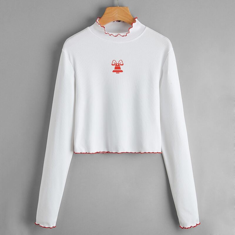 

Christmas Bells Graphic Lettuce Trim Tee, White