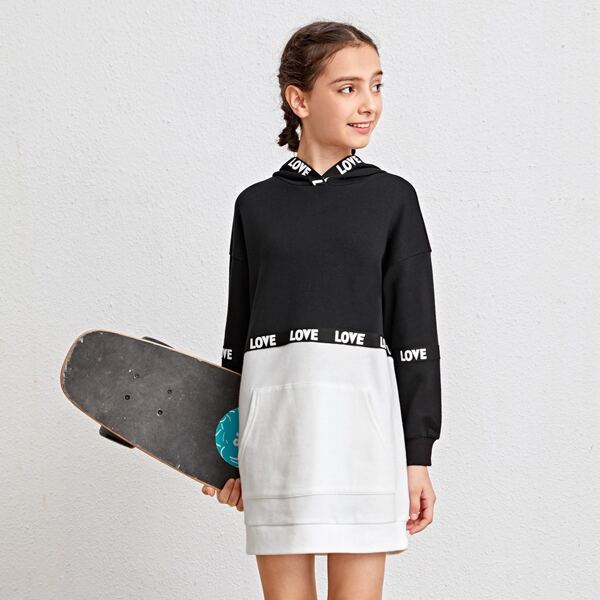 

Girls Letter Tape Colorblock Hooded Dress, Black and white