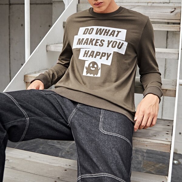 

Men Cartoon & Slogan Graphic Pullover, Mocha brown
