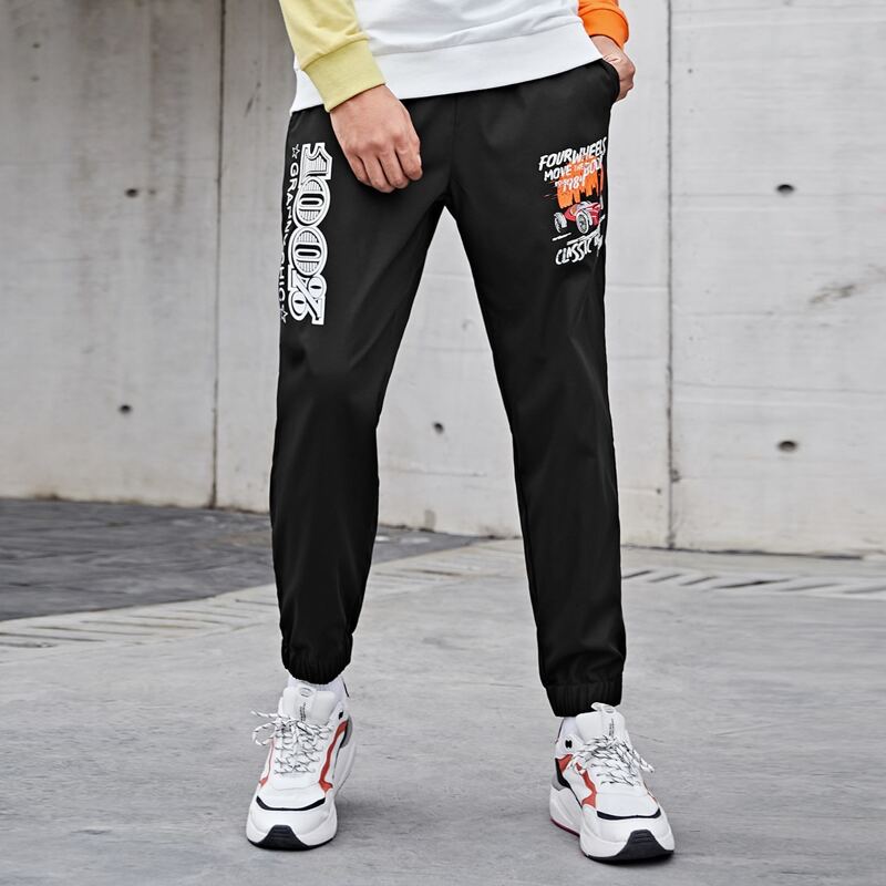 

Guys Car & Letter Graphic Pants, Black